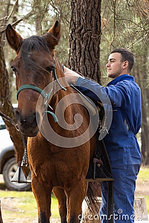 Vertical portrait of a young Caucasian farmer putting the saddle on his horse on his farm Stock Photo