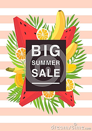 Vertical poster on big summer sale theme. Bright promotional flyer with different fruits and palm leaves. Colorful Vector Illustration