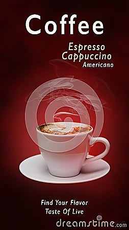 Vertical poster with a cup of hot coffee on a red background Stock Photo