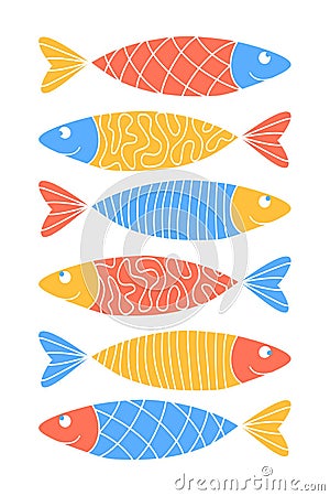 Vertical poster with cute patterned sardines. Colorfull zentangle fish set. Herring motifs. Funny wall decor for kids nursery, Vector Illustration