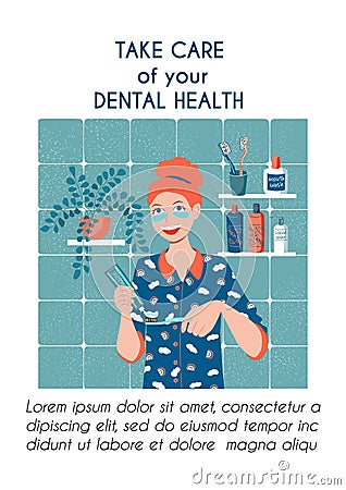 Vertical poster dental health clinic template. Young woman brushes her teeth with a herbal toothpaste. Daily routine Vector Illustration