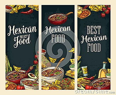 Vertical poster with Mexican traditional food and ingredient. Vector Illustration