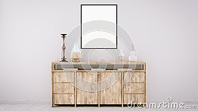 vertical poster mock up with wooden frame on the wall in living room interior. 3D rendering Cartoon Illustration