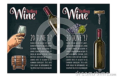 Vertical poster. Wine tasting lettering. Bottle, corkscrew, bunch of grape Vector Illustration