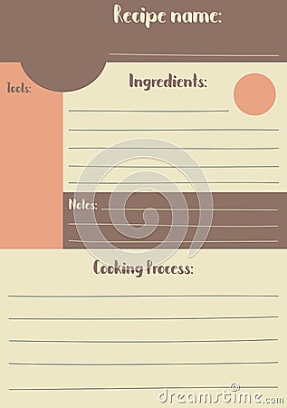 Vertical recipe template in warm color palette, A5 vertical format. Cookbook notepad page in cozy retro style Vector Illustration