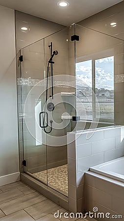 Vertical Rectangular walk in shower stall with half glass enclosure and black shower head Stock Photo