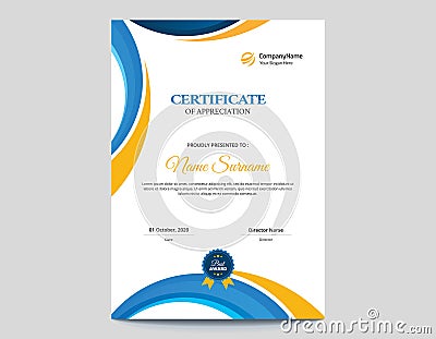 Vertical Colored Blue and Orange Waves Certificate Design Vector Illustration