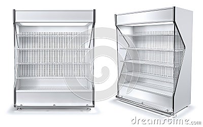 Vertical refrigerator for supermarket. With goods. Cartoon Illustration