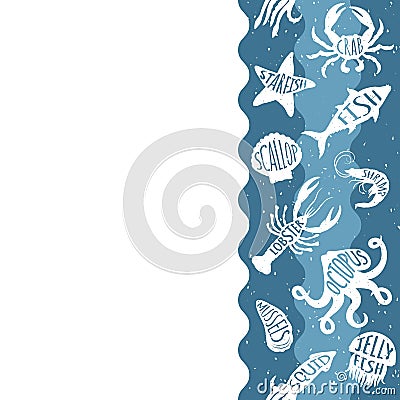 Vertical repeating pattern with seafood products. Seafood seamless banner with underwater animals. Vector Illustration