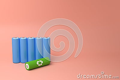 vertical row of 18650 lithium batteries in blue and a green one with the recycling symbol. 3d Render Stock Photo