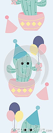 Vertical seamless border with cute pastel party cactus and balloons Vector Illustration