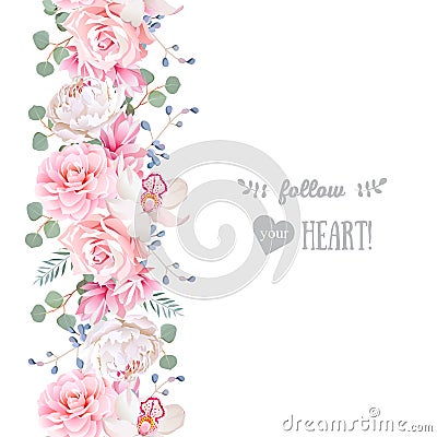 Vertical seamless line garland with camellia, rose, peony, eucaliptus leaves and orchid Vector Illustration