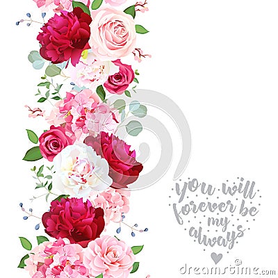 Vertical seamless line garland with camellia, rose, peony, hydra Vector Illustration