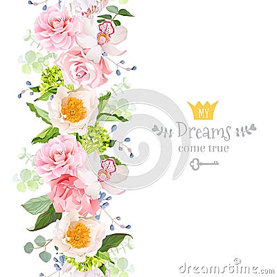 Vertical seamless line garland with camellia, rose, peony, orchid, carnation, hydrangea, green leaves and blue berries Vector Illustration