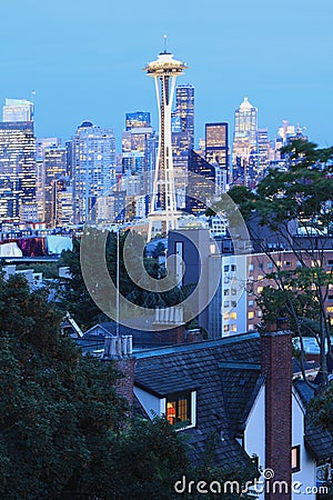 Vertical Seattle, Washington skyline at twilight Editorial Stock Photo