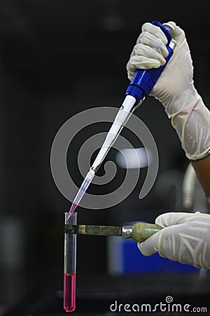 Vertical selective focus shot of a scientist micro pipetting a red liquid Stock Photo