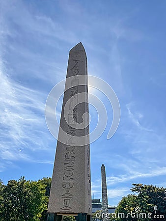 Vertical shot of the ancient Egyptian Obelisk of Theodosius in Istanbul Turkey under the sunny sky Editorial Stock Photo