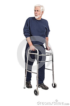 Apprehensive Old Man With Walker Looking Behind Isolated On White Stock Photo