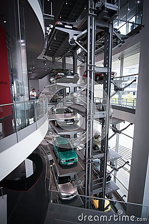 Vertical shot of Audi Car Lift at the Audi Forum Ingolstadt, Germany Editorial Stock Photo