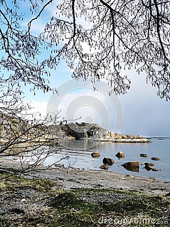 Vertical shot of a beach joining the water with rocks and cliffs, framed by tree branches Stock Photo