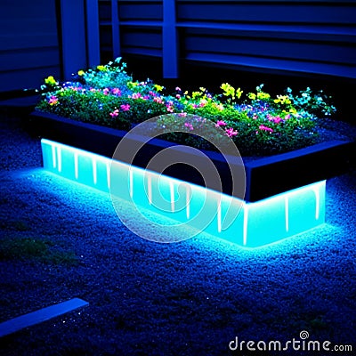 A vertical shot of a beautiful flowerbed at night with blue lights AI Generated Stock Photo