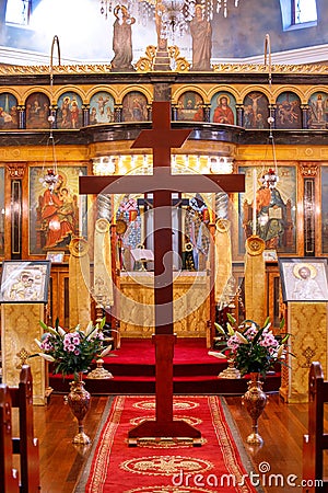 Vertical shot of the beautiful view of the cross in Greek Orthodox Church Stock Photo