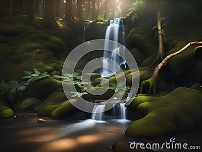 a vertical shot of a beautiful waterfall with a tree on the background Stock Photo