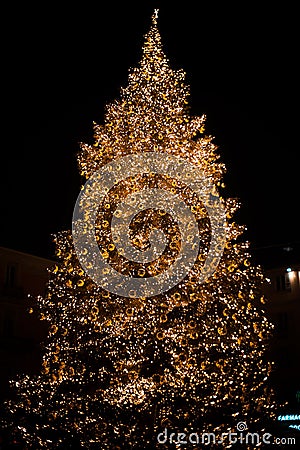 Vertical shot of a beautifully decorated lighted Christmas tree at night Stock Photo