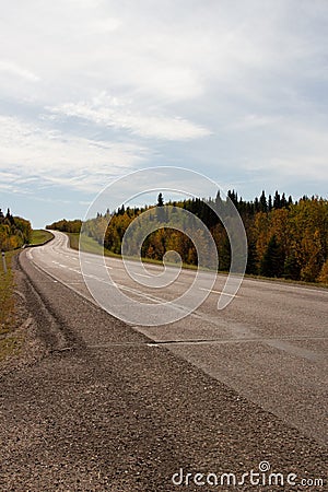Vertical shot of a bendy road going through fields and forests Stock Photo