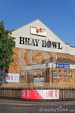 Vertical shot of the Bray Bowl Family Entertainment Centre building in Bray town, Ireland. Editorial Stock Photo