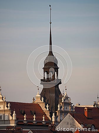 Vertical shot of a brown building with a black tall tower Stock Photo