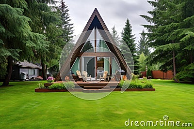 vertical shot: brown wooden cladded a-frame, green lawn in front Stock Photo