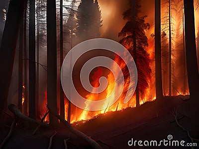 a vertical shot of a burning fire in the forest with trees Stock Photo