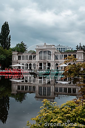 Vertical shot of the Central Park Casino on a cloudy day, Romania Editorial Stock Photo