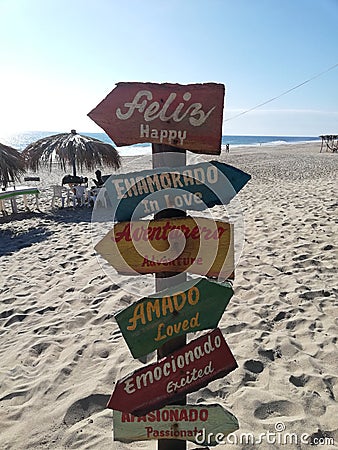 Vertical shot of colorful wooden signs on the beach Editorial Stock Photo