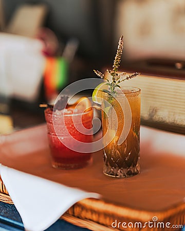 Vertical shot of a couple of cool cocktails on a bar Stock Photo