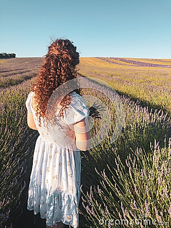 Vertical shot of curly girl with white dress on the Lavender field in Hitchin, United Kingdom Stock Photo