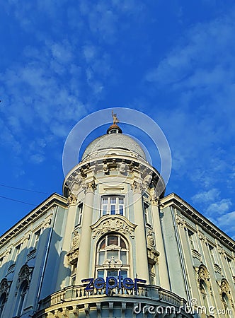Vertical shot of the frontal facade of the Central Credit Bureau in Novi Sad, Serbia Stock Photo