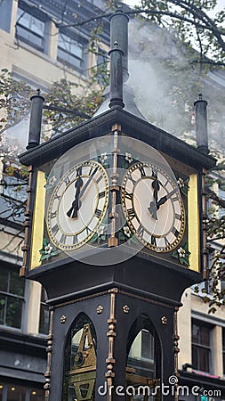 Vertical shot of the Gastown Steam Clock. Vancouver, Canada Stock Photo