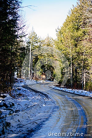 Vertical shot of an icy frozen trail through a forest in Maine, USA Stock Photo