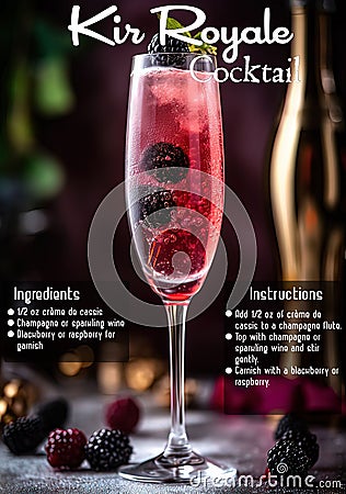 Vertical shot of a kir royale cocktail with its ingredients and instructions lists Stock Photo