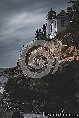 Vertical shot of the lighthouse at the Bass harbor, Acadia national park, New England Stock Photo