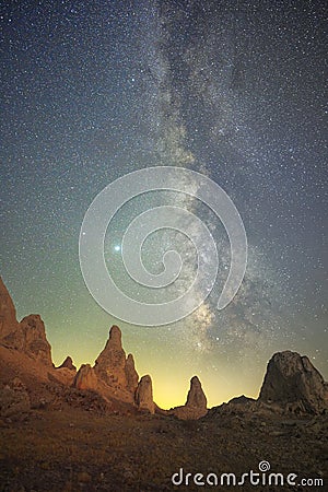 Vertical shot of the Milky Way Galaxy over Trona Pinnacles Stock Photo