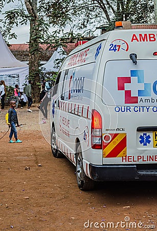 Vertical shot of a modern ambulance in Nairobi city, Kenya Editorial Stock Photo