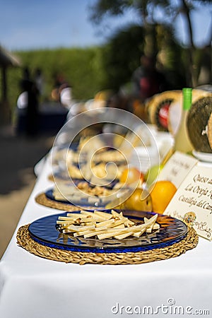 Vertical shot of a modern cheese exhibition Stock Photo