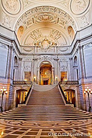 Vertical shot of the ornamented main hall interior of the San Francisco City Hall Editorial Stock Photo