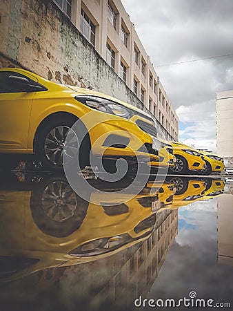 Vertical shot of parked yellow cars reflecting on a puddle Stock Photo