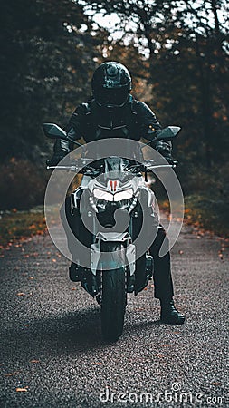 Vertical shot of a person on a Kawasaki Z900 Naked motorbike in the forest Editorial Stock Photo