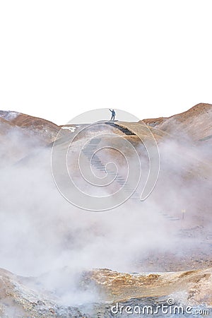 Vertical shot of person on trail over Kerlingarfjoll mountain of Hveradalir hot springs in Iceland Stock Photo