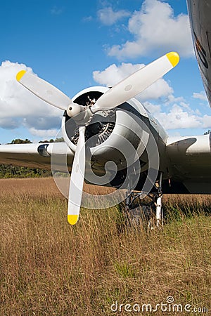 Vertical shot of the propeller of a plane landed on the dry grass Stock Photo